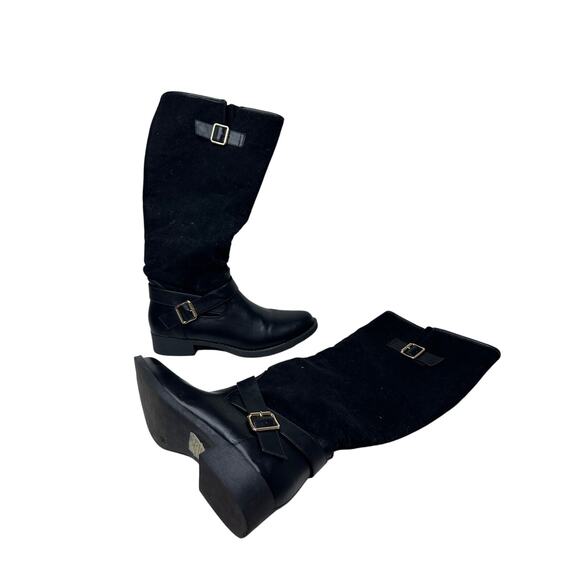 Black Size 9.5 Black Raelynn Faux Suede Buckled Block Heel Knee High Fall Boot - Picture 13 of 14